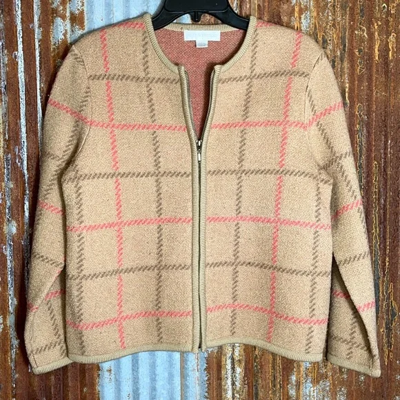 100% Wool Zip Up Plaid Jacket Petite Sophisticate Business Attire Scoop Neck - Picture 2 of 7